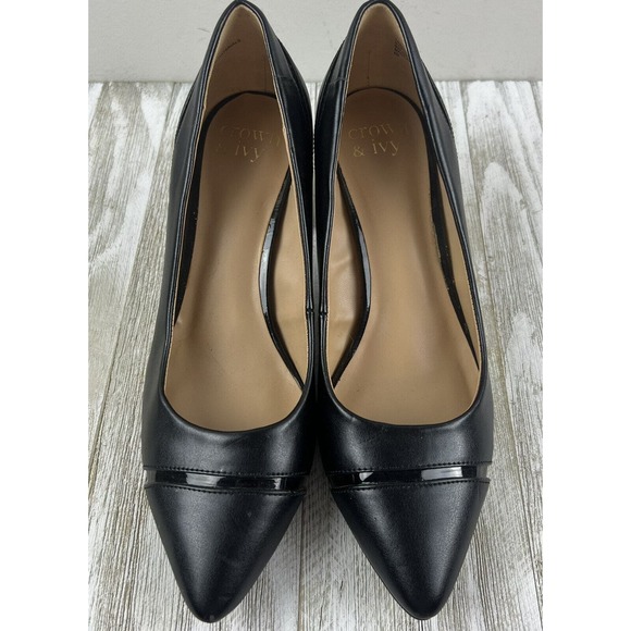 Crown & Ivy Heels Black Leather Career Pumps Tracey Block Heel 8 - Picture 3 of 10